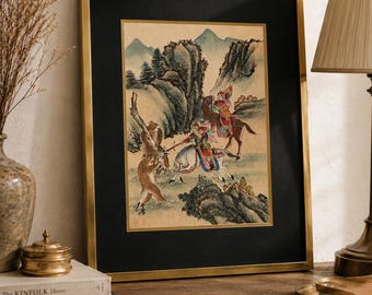 Lámina decorativa vintage de guerreros asiáticos para pared, marco dorado, escena de montaña.
