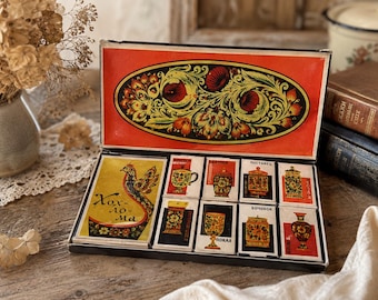 Caja de cerillas vintage soviética de la URSS Khokhloma, juego de regalo de arte popular ruso, caja de exhibición coleccionable de los años 60 y 70.