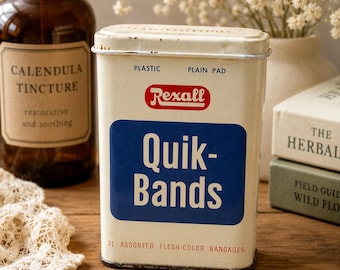 Lata vintage de Rexall Quik-Bands / Artículo de colección publicitario de farmacia de mediados de siglo, fabricado en EE. UU.