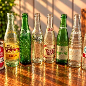 May include: A collection of vintage beverage containers including a cylindrical Ice Castle Cola metal can and seven glass bottles featuring labels for Royal Crown Cola, Teem, Crush, Pepsi-Cola, Sprig, Bireley's, and Kist, arranged in a horizontal row.