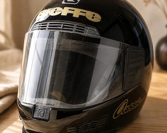 Casco de motocicleta clásico Bieffe vintage de 1991, negro, fabricado en Italia, integral. Pieza de exhibición.