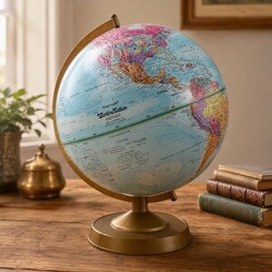 May include: A Replogle World Nation Series globe featuring a 30 cm diameter, mounted on a brass-coloured metal stand with a meridian ring. The globe displays a colourful map of the Americas with clear text labels, a legend, and latitude lines.