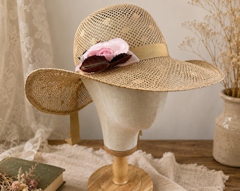 Sombrero de paja vintage de la boutique Kates Canada, sombrero de ala ancha con cinta floral, talla XS (pequeña), sombrero para fiestas de verano en el jardín de los años 70 y 80.