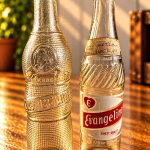 Könnte beinhalten: Zwei klare Glasflaschen. Die linke Flasche hat eine Prägung mit der Aufschrift Evangeline und Beverages sowie ein kreisförmiges Porträt. Die rechte Flasche hat ein weißes Etikett mit einem roten Herzlogo, dem Text Evangeline und einem Etikett.