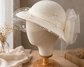 Ivory Bridal Cloche Hat, Vintage Wedding Veil, Bow Fascinator, Pearl Accents, Made Canada