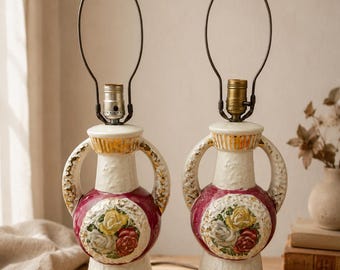 Pair Vintage Hand-Painted Ceramic Lamps: Pink Rose Floral, Gilt Victorian Revival