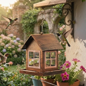 May include: A rustic, house-shaped bird feeder with a copper finish, hanging from a decorative bracket. The feeder has two window-like openings and a tray. Hummingbirds with green and red plumage fly around the feeder, surrounded by flowers.