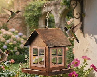 Vintage Copper Cottage Metal Bird Feeder, 19" Tall Weatherproof Hanging Feeder with Large Capacity & Squirrel-Proof Design