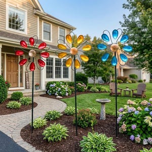 May include: Three colorful garden wind spinners with flower-shaped designs. The spinners feature red, yellow, and blue petals with a metallic frame and a central sphere. They are placed in a landscaped yard with a brick pathway and lush greenery.