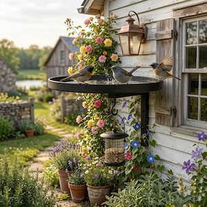 May include: A black metal bird bath with three small birds perched on the edge. A hanging bird feeder is below. The scene is set in a garden with flowers, plants, and a rustic building in the background.