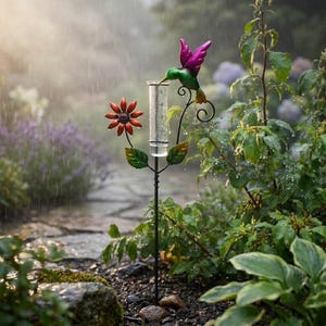 May include: A decorative metal rain gauge featuring a hummingbird with purple wings and a green body, perched near a clear tube. A red flower and green leaves accent the black metal stem. The gauge measures rainfall in inches.