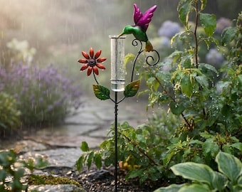 Colorful Hummingbird & Butterfly Metal Rain Gauge Stake, Weatherproof Garden Decor with Clear Glass Measuring Tube for Yard and Flower Beds