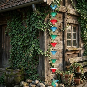 May include: A decorative rain chain with blue, green, and red cups descends from a wooden structure, surrounded by ivy. A wooden barrel and bench are in the background, creating a rustic garden setting.