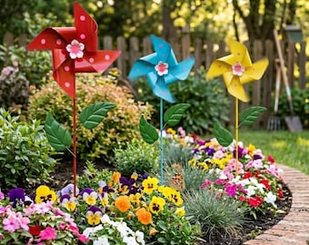 Colorful Metal Pinwheel Garden Stake, Wind Spinner Yard Art Decor, Weatherproof Iron Outdoor Ornament for Lawn and Flower Beds