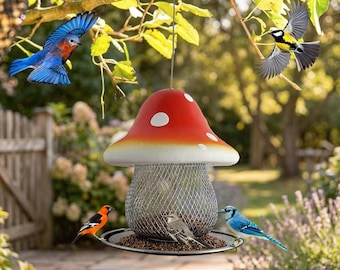 Solar-Powered Red Mushroom Bird Feeder, Resin Hanging Wild Bird Feeder with LED Light, Whimsical Garden Decor for Backyard & Patio
