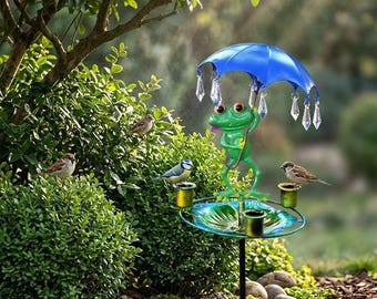 Outdoor Metal Bird Bath Feeder, Frog Umbrella Design Ground Insert Bird Water Bowl Practical Garden Yard Landscape Decoration Stake