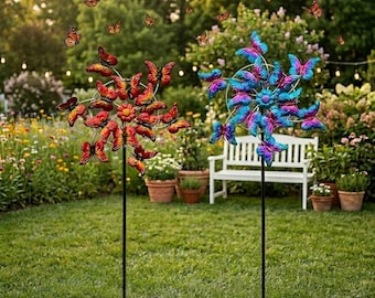 Colorful Butterfly Metal Wind Spinner, Weatherproof Iron Garden Stake with Rotating Blades, Outdoor Yard Art Decor for Lawn and Flower Beds