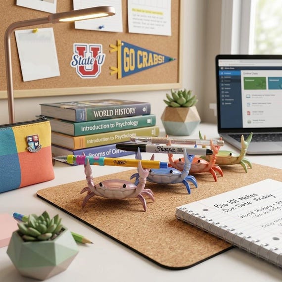 A muscular crab doing a deadlift — cast in resin as a pen holder — is exactly the kind of absurd desk art that stops visitors in their tracks.