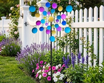 Multicolor Metal Wind Spinner, Dual-Rotating Garden Stake, Weatherproof Kinetic Art with Vibrant Reflective Discs for Outdoor Decor