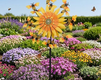 Sunflower Bee Wind Spinner, Dual-Rotating Metal Garden Stake, Weatherproof Kinetic Art for Outdoor Yard Decor