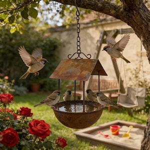 Rustic Rusted Metal Hanging Bird Feeder, Farmhouse Style Weathered Iron Feeder & Bath for Wild Birds, Outdoor Garden Decor