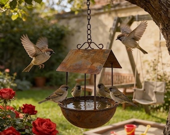 Rustic Rusted Metal Hanging Bird Feeder, Farmhouse Style Weathered Iron Feeder & Bath for Wild Birds, Outdoor Garden Decor