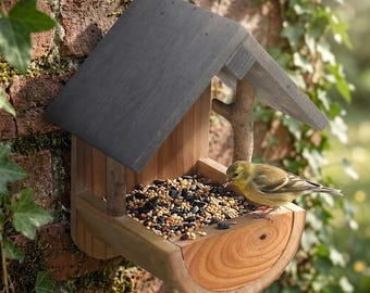 Rustic Natural Wood Bird Feeder, Tall Wall-Mounted Outdoor Feeder with Perches and Weatherproof Roof