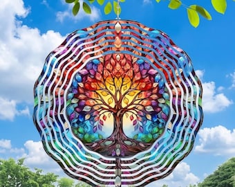 Life Tree 3D Wind Spinner, Mandala Stainless Steel Hanging Ornament, 11.8" Colorful Garden Decor for Patio, Yard & Window