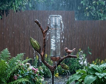 Metal Branch Leaf Rain Gauge Stake, Weatherproof Iron Garden Measuring Decor, Creative Bird Ornament Outdoor Yard Lawn Rainfall Monitor Art