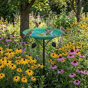 防錆加工の鉄製バードバス・フィーダーステーク、花柄のメタルアート装飾、野鳥のための多機能屋外ガーデンヤードオーナメント
