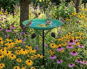 Rustproof Iron Bird Bath Feeder Stake, Floral Metal Art Decor, Multifunctional Outdoor Garden Yard Ornament for Wild Birds