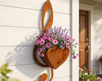 Rusted Treble Clef Heart Wall Planter, 11.8" Tall Rustic Metal Hanging Flower Pot for Succulents & Herbs