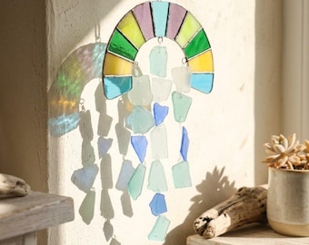 Rainbow Sea Glass Suncatcher, Handcrafted Stained Glass Window Hanging, Coastal Bohemian Decor with Natural Sea Glass & Driftwood