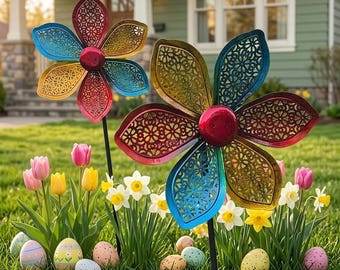 Colorful Flower Metal Wind Spinner, 37.8" Tall Garden Stake, Nordic Style Outdoor Yard Decor with Multicolor Cut-Out Blades
