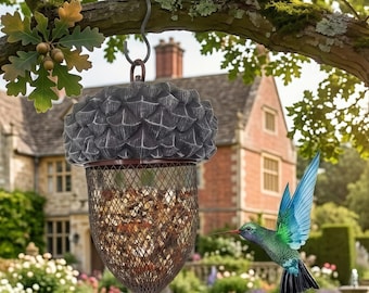 Acorn-Shaped Bird Feeder, Resin & Metal Mesh Hanging Wild Bird Feeder, Whimsical Woodland Garden Decor for Backyard Patio