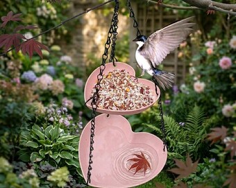 Double-Tier Heart Hanging Bird Feeder, 2-in-1 Feeder & Bird Bath with Metal Chain, Weatherproof Pastel Tray for Wild Birds