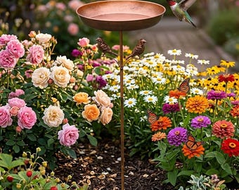 Metal Bird Bath & Feeder Stake, Weatherproof Outdoor Garden Decor with Bird/Butterfly/Leaf Designs, Standing Water Basin for Wild Birds