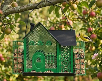 House-Shaped Metal Bird Feeder, Squirrel-Proof Wild Bird Seed & Suet Feeder, Hanging Outdoor Decorative Birdhouse for Garden Yard