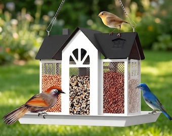House-Shaped Metal Bird Feeder, Squirrel-Resistant Multi-Section Seed Feeder, Hanging Outdoor Garden Decorative Feeder for Wild Birds