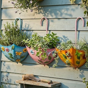 May include: Three decorative metal planters shaped like umbrellas, in blue, pink, and yellow, hanging on a light blue wooden wall. Each planter is filled with greenery and flowers, with floral and butterfly motifs.