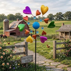 Könnte beinhalten: Ein farbenfroher herzförmiger Windspinner mit blauem Mittelteil und Schmuckakzenten. Die Herzen sind in den Farbtönen Lila, Orange, Gelb und Grün gehalten. Das Schild trägt die Aufschrift "Oak Haven Farm". Der Hintergrund zeigt eine ländliche Landschaft mit Scheune und Bauernhaus.
