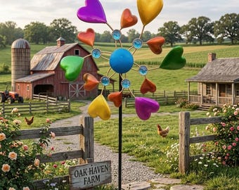 Rainbow Heart Metal Wind Spinner, Colorful Garden Stake with Gem Accents, Weatherproof Iron Outdoor Yard Art Decor