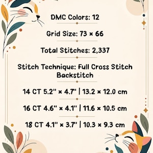 K&ouml;nnte beinhalten: Ein Informationsblatt f&uuml;r Kreuzstichmuster mit Illustrationen von Gl&uuml;ckskatzen in den Ecken. Der Text enth&auml;lt: DMC Colors: 12, Grid Size: 73 x 66, Total Stitches: 2,337, Stitch Technique: Full Cross Stitch Backstitch sowie verschiedene Gr&ouml;&szlig;en.