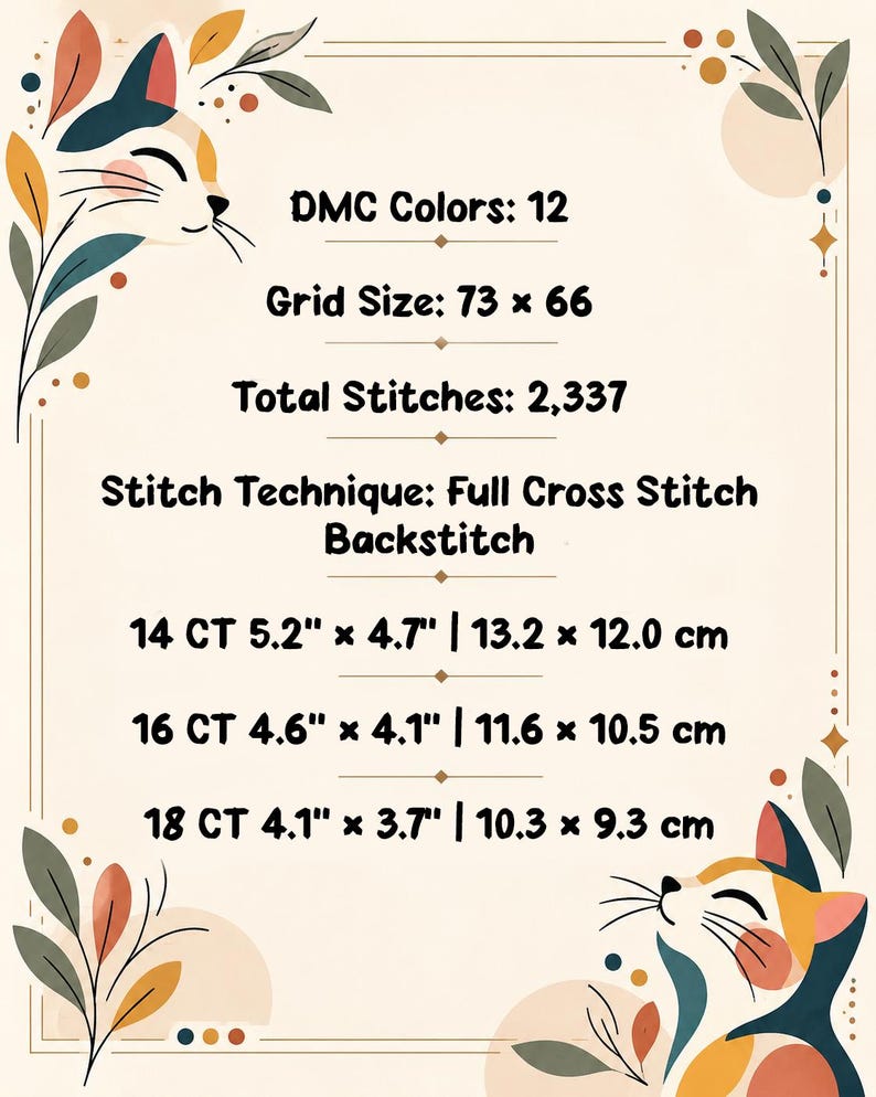 K&ouml;nnte beinhalten: Ein Informationsblatt f&uuml;r Kreuzstichmuster mit Illustrationen von Gl&uuml;ckskatzen in den Ecken. Der Text enth&auml;lt: DMC Colors: 12, Grid Size: 73 x 66, Total Stitches: 2,337, Stitch Technique: Full Cross Stitch Backstitch sowie verschiedene Gr&ouml;&szlig;en.