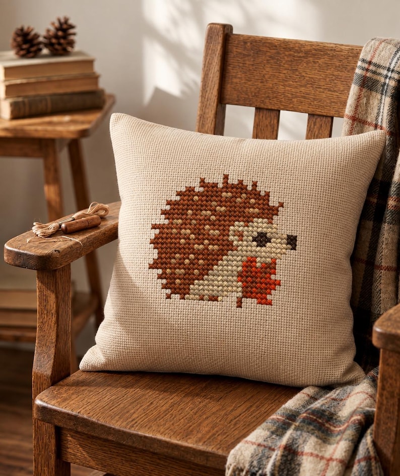 May include: A square beige throw pillow featuring a cross-stitch design of a hedgehog. The hedgehog is rendered in shades of brown, tan, and orange, with a small dark brown nose and eye. The pillow fabric has a visible grid-like texture.