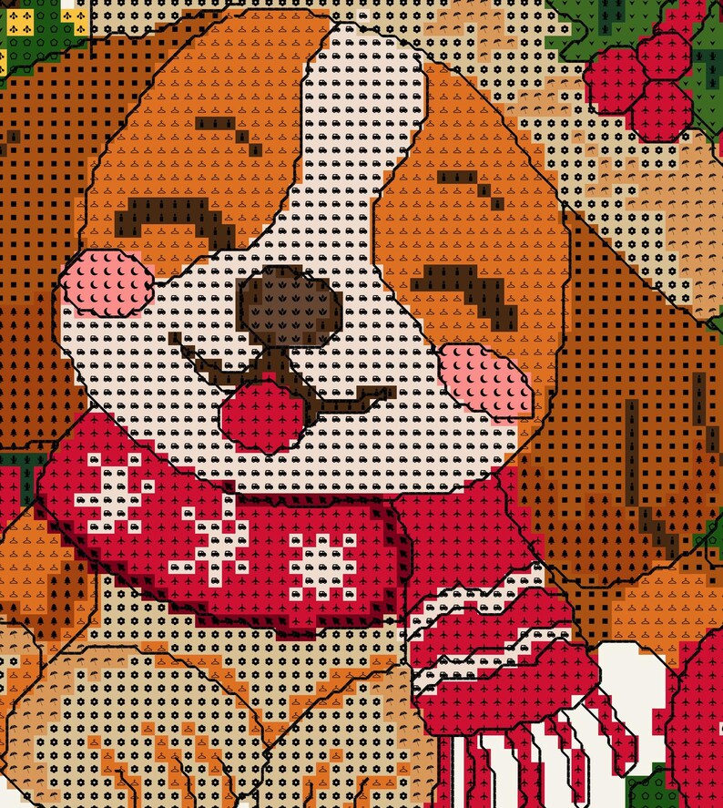 May include: A cross-stitch pattern featuring a brown and white dog with closed eyes and pink cheeks, wearing a red scarf with white snowflake-like patterns. The design includes dark brown ears, a black nose, and a red mouth against a grid background.