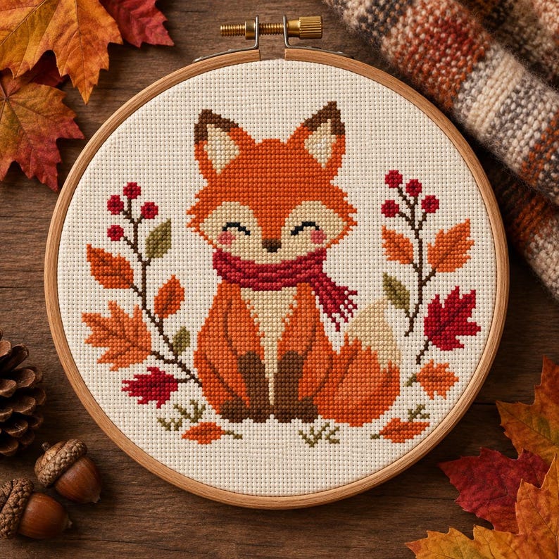 May include: A circular wooden embroidery hoop containing a cross-stitch pattern of a fox with a red scarf, surrounded by autumn leaves and red berries on a cream-colored fabric background. The fox has orange fur, brown paws, and a white tail tip.