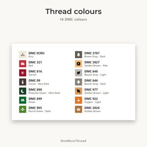 May include: A color chart titled Thread colours displaying 14 DMC thread shades with corresponding icons and labels. The list includes DMC ECRU, 321 Red, 816 Garnet, 09 Cocoa, 890 Pistachio Green, 699 Green, 905 Parrot Green, 3787 Brown Gray, 3827 Golden Brown, 648 and 646 Beaver Gray, 977 Golden Brown, 922 Copper, and 3826 Golden Brown.