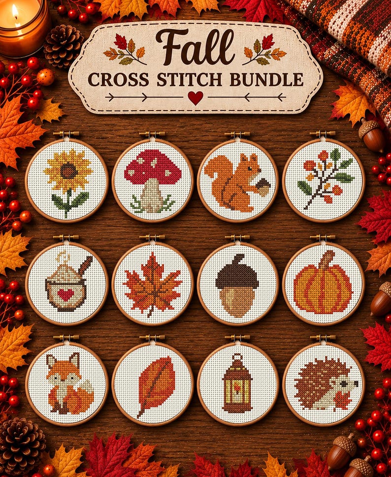 May include: A Fall Cross Stitch Bundle featuring twelve circular wooden embroidery hoops. Each hoop contains a cross-stitched design including a sunflower, mushroom, squirrel, berries, mug, leaf, acorn, pumpkin, fox, leaf, lantern, and hedgehog.