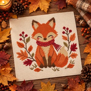 May include: A square cross-stitch embroidery piece on cream fabric featuring a central orange fox with a dark red scarf. The fox is surrounded by a decorative arrangement of autumn leaves in shades of red, orange, and green, along with small red berries.